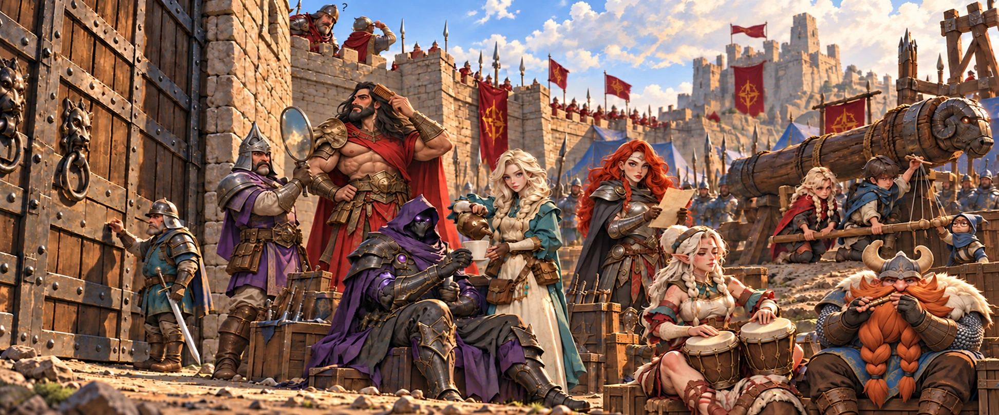 An absurd siege: a soldier knocks at the enemy gate while Kafa serves coffee, Arthur combs his hair, Bell and Harper play music, and Annie, Billy and his puppet try to lift a huge battering ram.